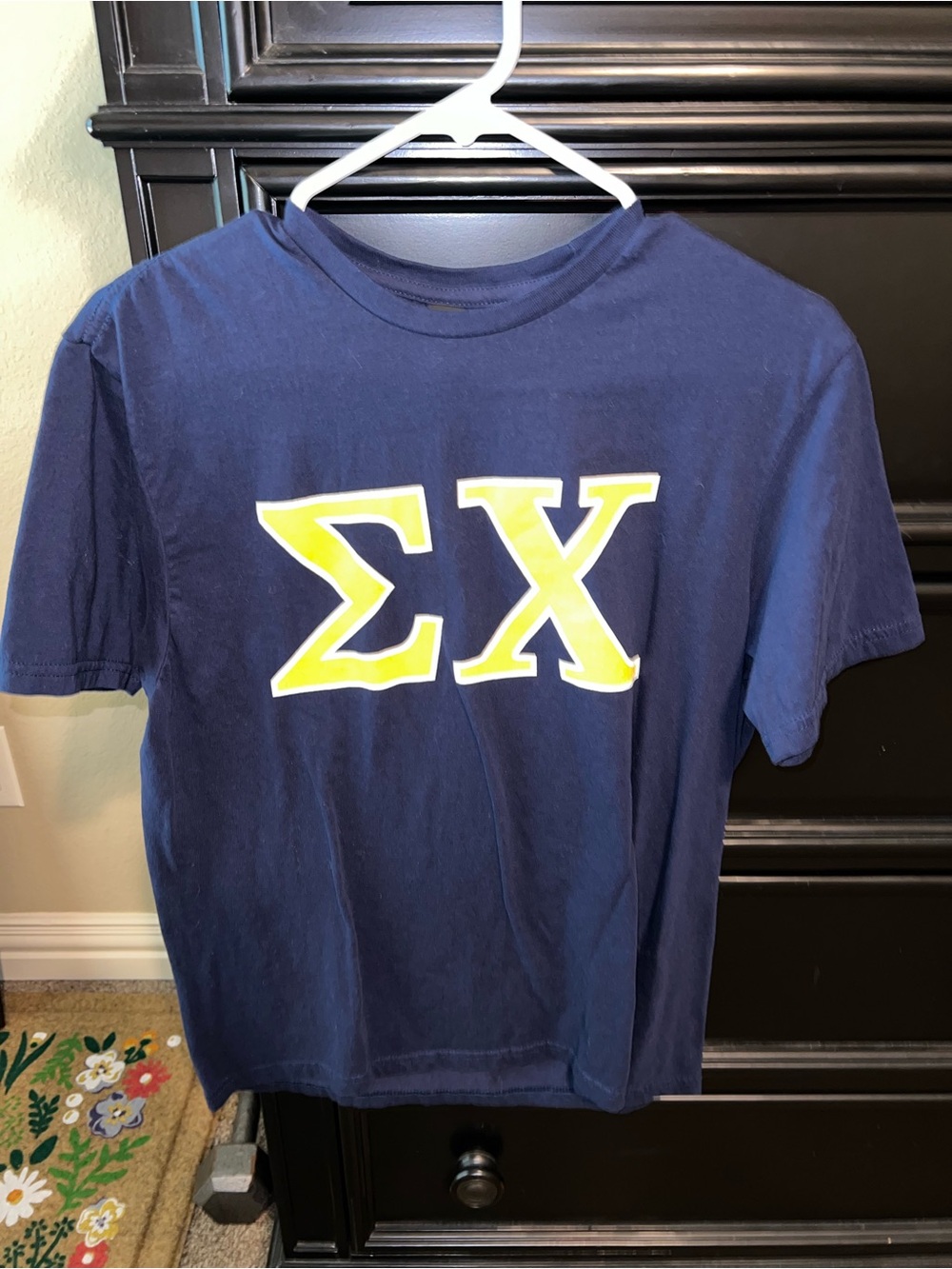 Gildan Navy Blue Short Sleeve T-Shirt with Yellow Greek Letters